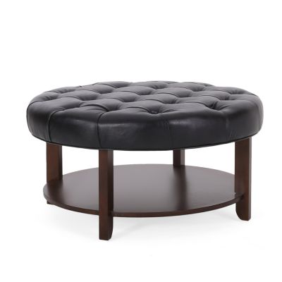 Contemporary Faux Leather Tufted Ottoman with Open Shelf