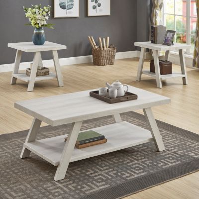 Contemporary Wood Shelf Coffee Table Set in White Finish