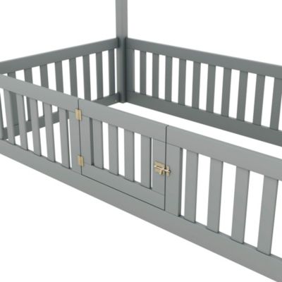 Streamdale Twin Size Wood House Bed with Fence and Door, Gray