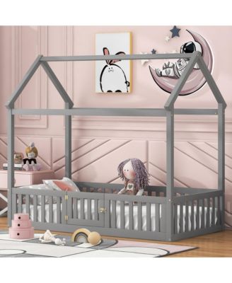 Streamdale Twin Size Wood House Bed with Fence and Door, Gray