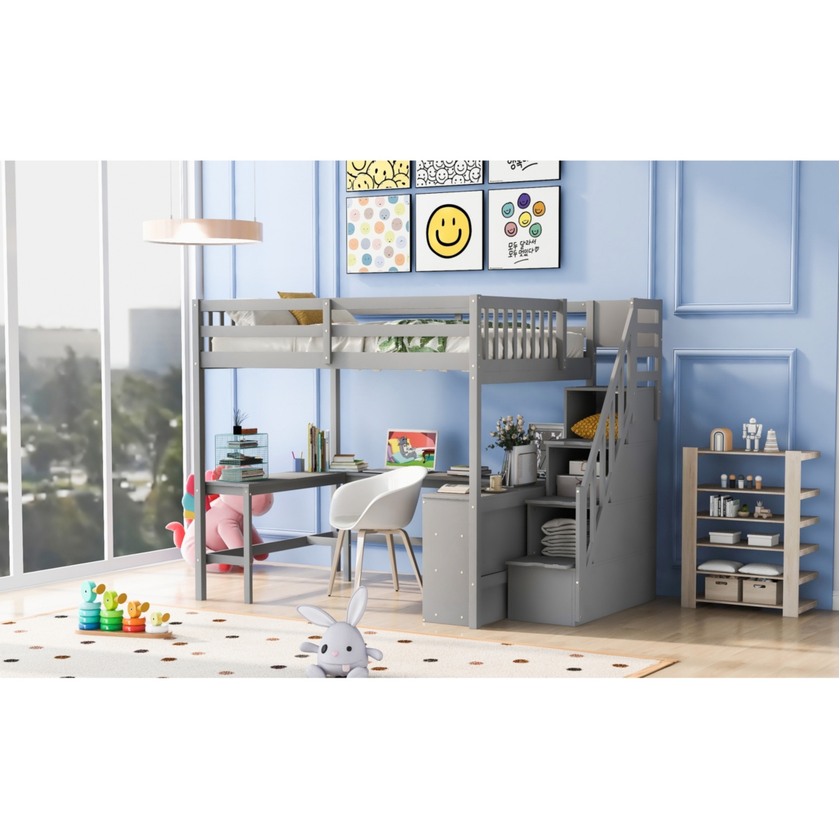 Streamdale Loft Bed with Desk, Shelves, and Staircase, Gray