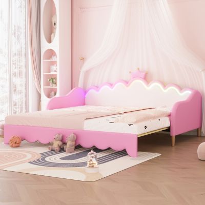  Extendable Princess Daybed with Crown Headboard and LED Lights