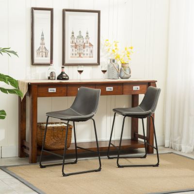  Vintage PU Leather Counter Height Stools, Set of 2, Antique Grey