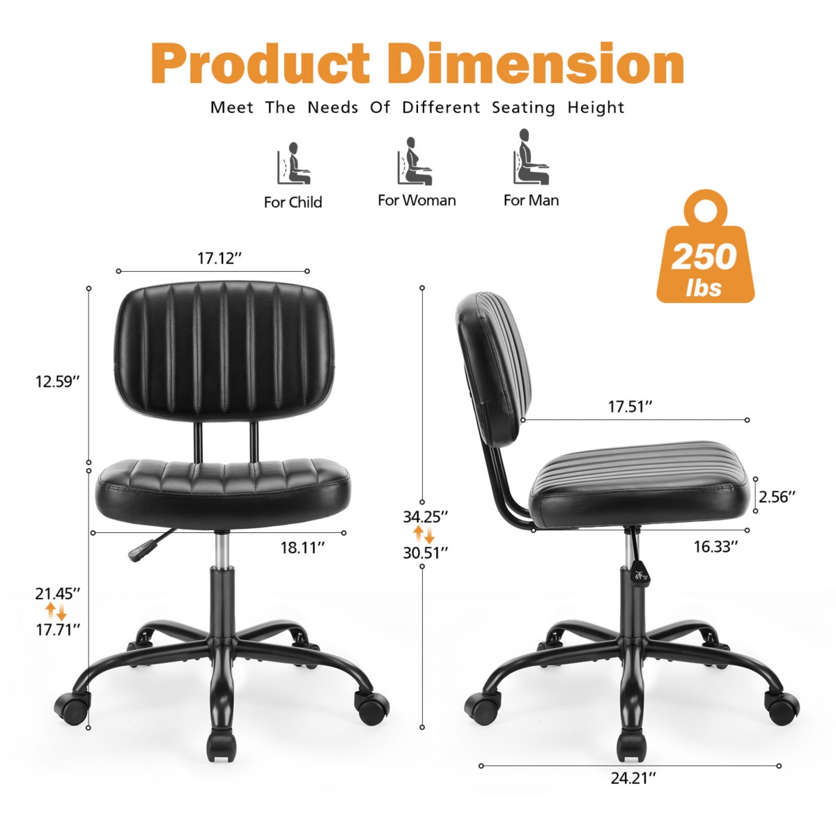 Streamdale Furniture Pu Leather Low Back Task Chair Small Home Office Chair with Wheels