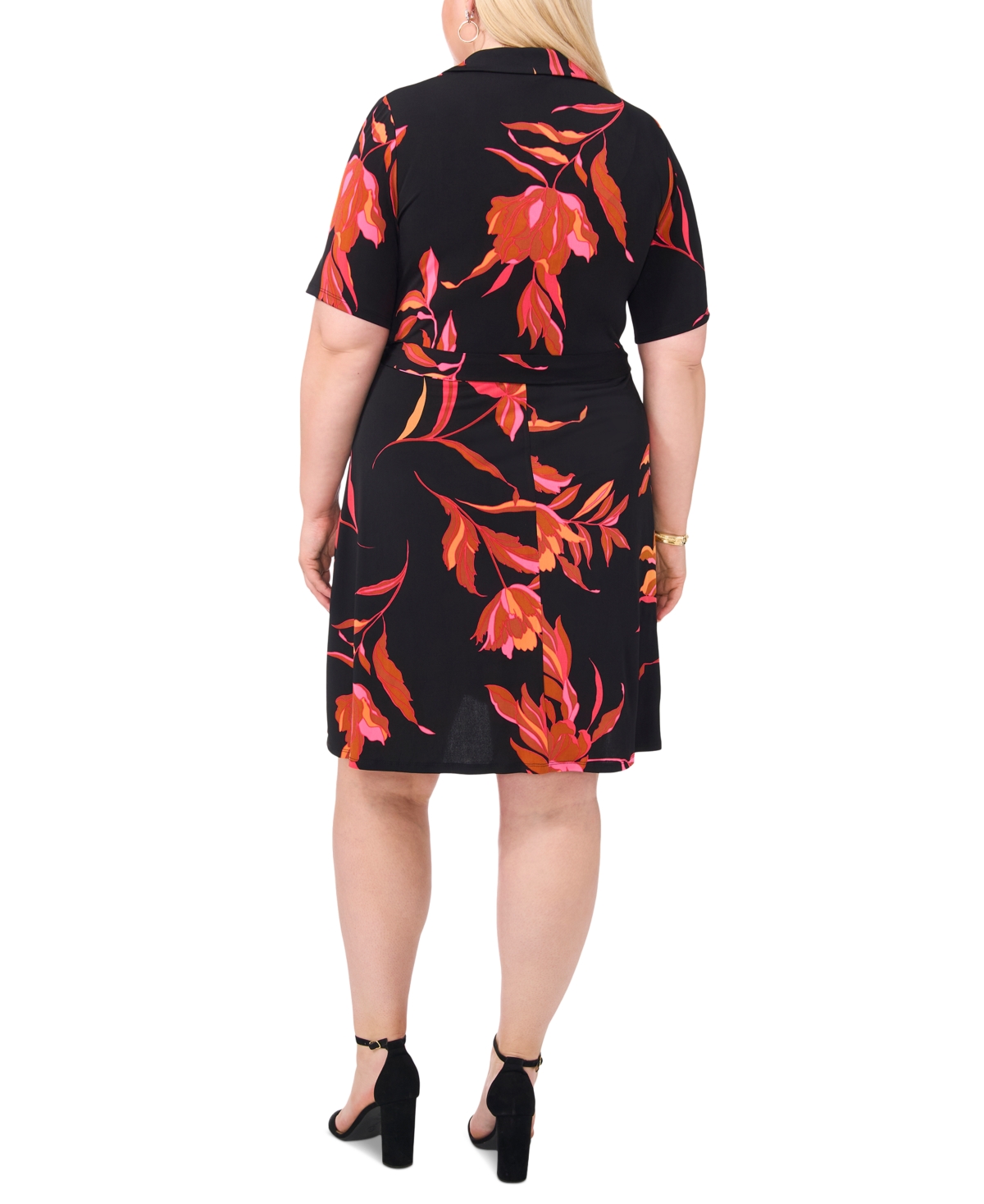 Msk Plus Size Printed Collared-v-Neck Fit & Flare Dress - Black 001