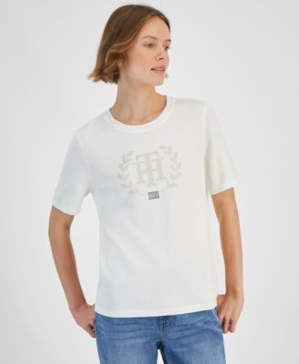 Women's Cotton Logo-Crest Crewneck Short Sleeve Sweater