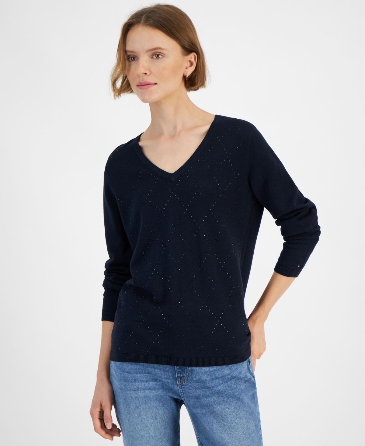 Tommy Hilfiger Women's Rhinestone Argyle Sweater In Sky Capt