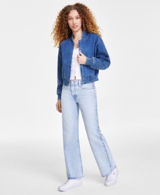 Levis Womens Muse Ribbed Long Sleeve Button Up Top Denim Bomber Jacket 94 Cotton Baggy Fit Bootcut Jeans