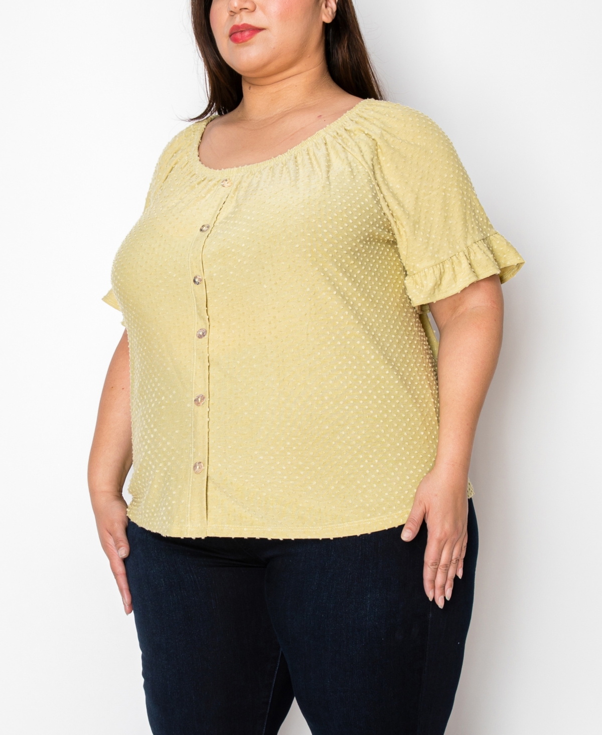 Coin 1804 Plus Size Swiss Dot Button Front Ruffle Sleeve Top