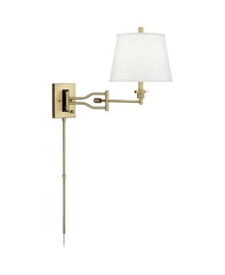Eleganta Swing Arm Wall Lamp with Cord Cover Brushed Satin Brass Plug-in Light Fixture White Linen Empire Shade for Bedroom Living Room