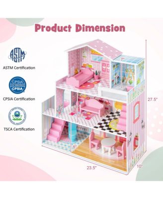 Kids Wooden Dollhouse Playset with 5 Simulated Rooms & 10 Pieces of Furniture