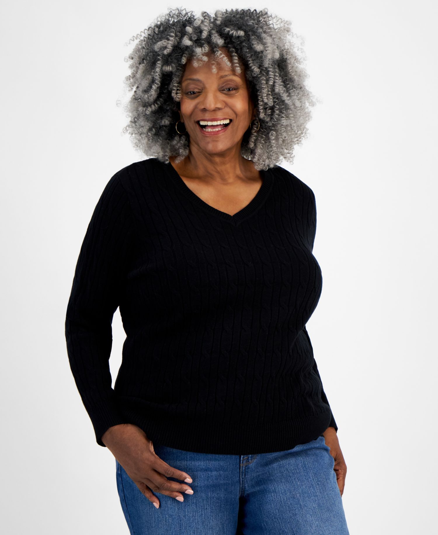 Petite Cotton Cable-Knit V-Neck Sweater