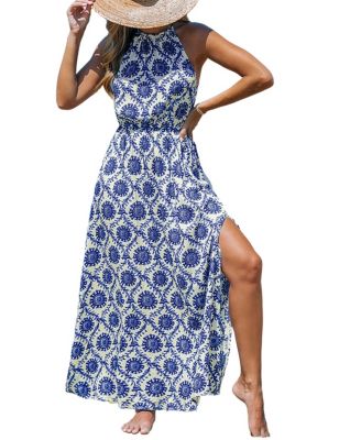 CUPSHE Women's Blue & White Ornate Halterneck Maxi Beach Dress - Macy's