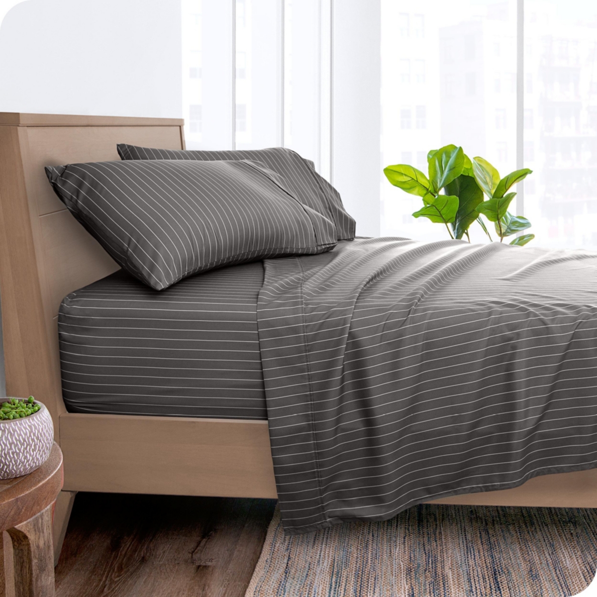 Bare Home Ultra-Soft Double Brushed Print Sheet Set - Pinstripe - grey/white