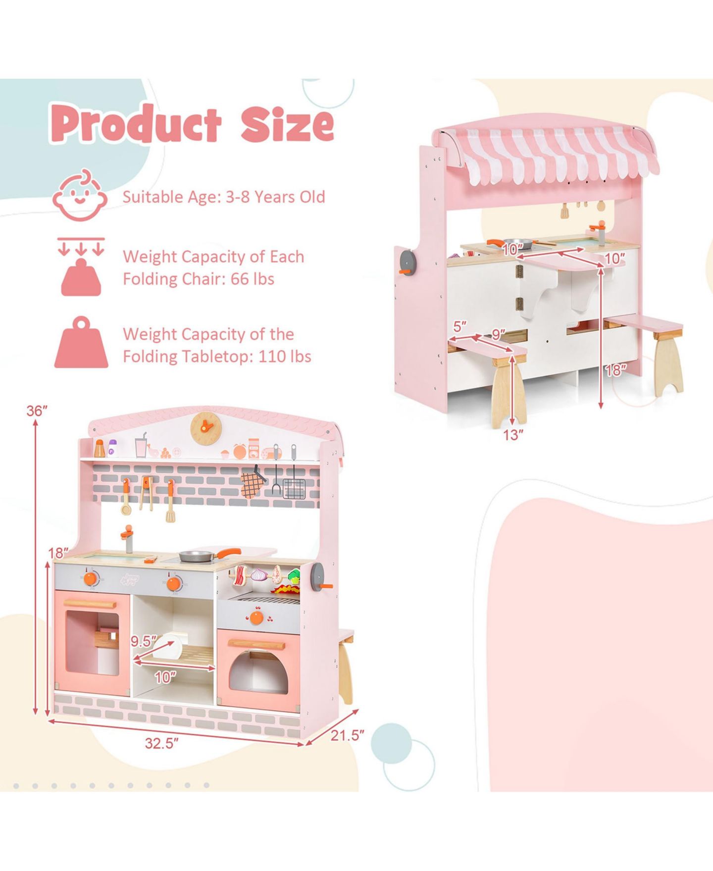 Детский игровой набор Costway 2-in-1 Play Kitchen & Restaurant Playset with Canopy, Ages 3+, цвет: Розовый — фото 3