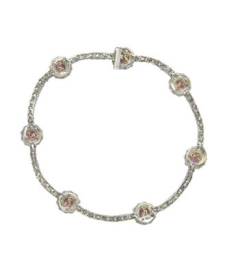 Pink Sapphire & Lab-Grown White Sapphire Round Halo Pave Tennis. Bracelet in Sterling Silver