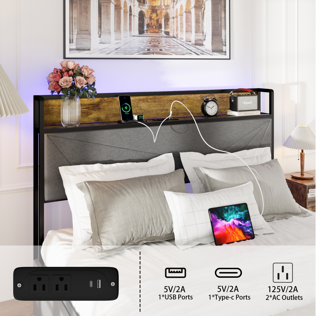 Streamdale Furniture Size Bed Frame with 4 Storage Drawers and 2 Usb Ports, Upholstered Platform Bed Frame with Storage Headboard Charging Stati