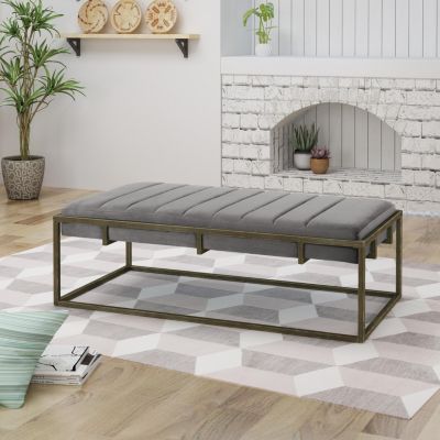 Streamdale Modern Velvet Fabric Ottoman Bench with Pleating and Metal Frame