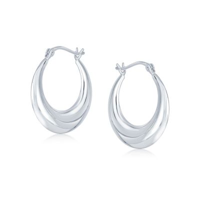 Round Circle Finish Crescent Tapered Tube Hoop Earrings  Sterling Silver Hinged Notched Post 1 Inch Diameter