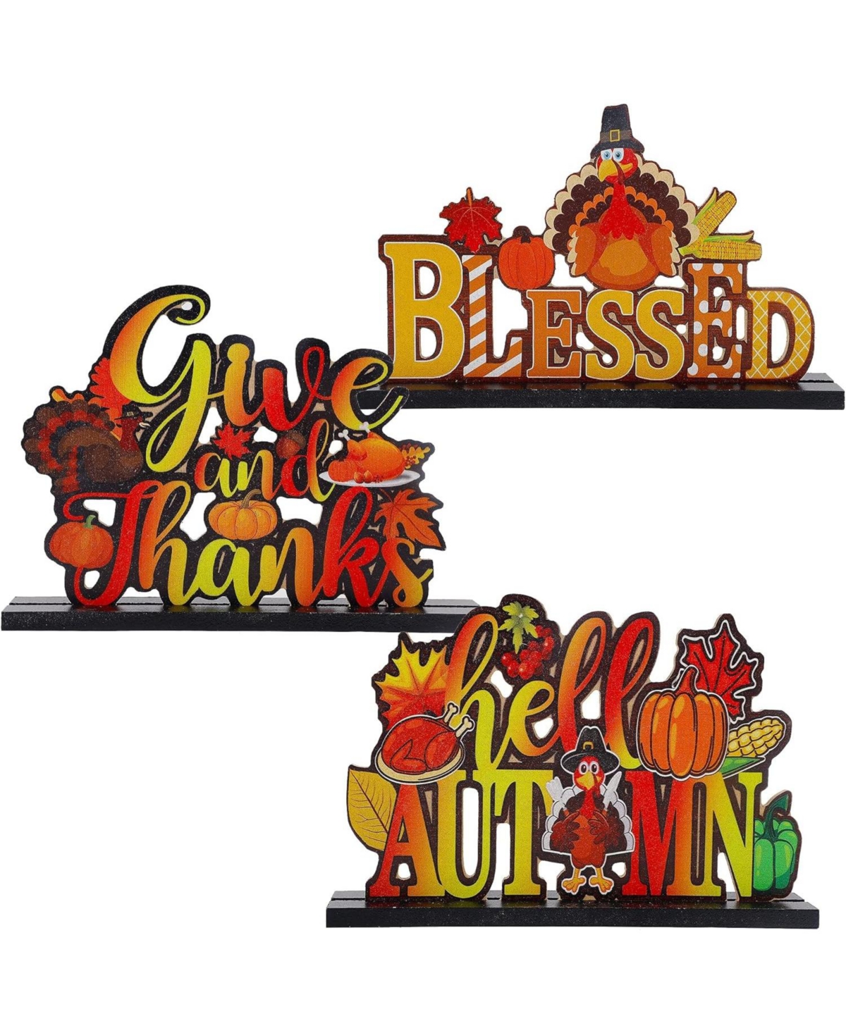 3- Pack Wooden Centerpieces Indoor Fall Halloween Decor - Yellow