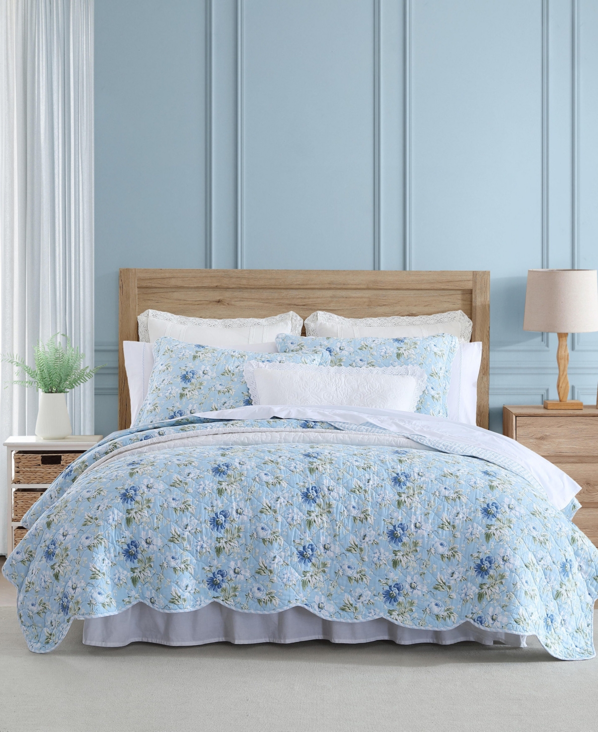 Laura Ashley Peony Garden Reversible 2 Piece Quilt Set, Twin In Light Blue,green