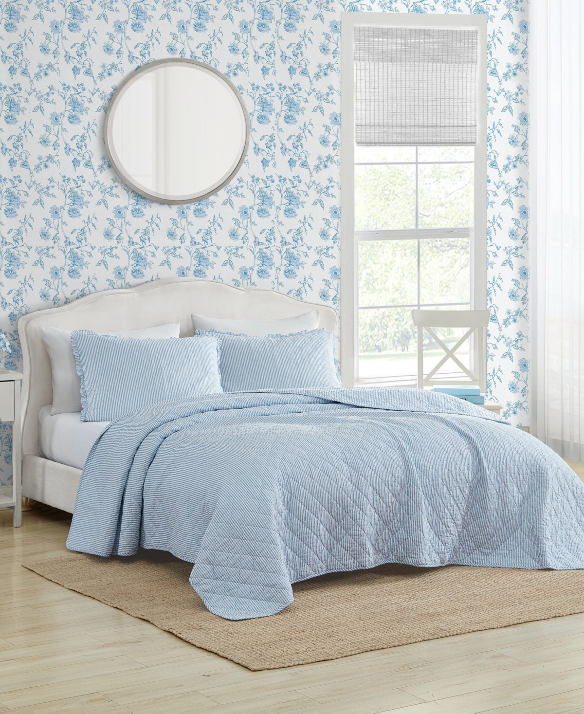 Laura Ashley Oxford Stripe Reversible 2 Piece Quilt Set, Twin In Chambray Blue,white