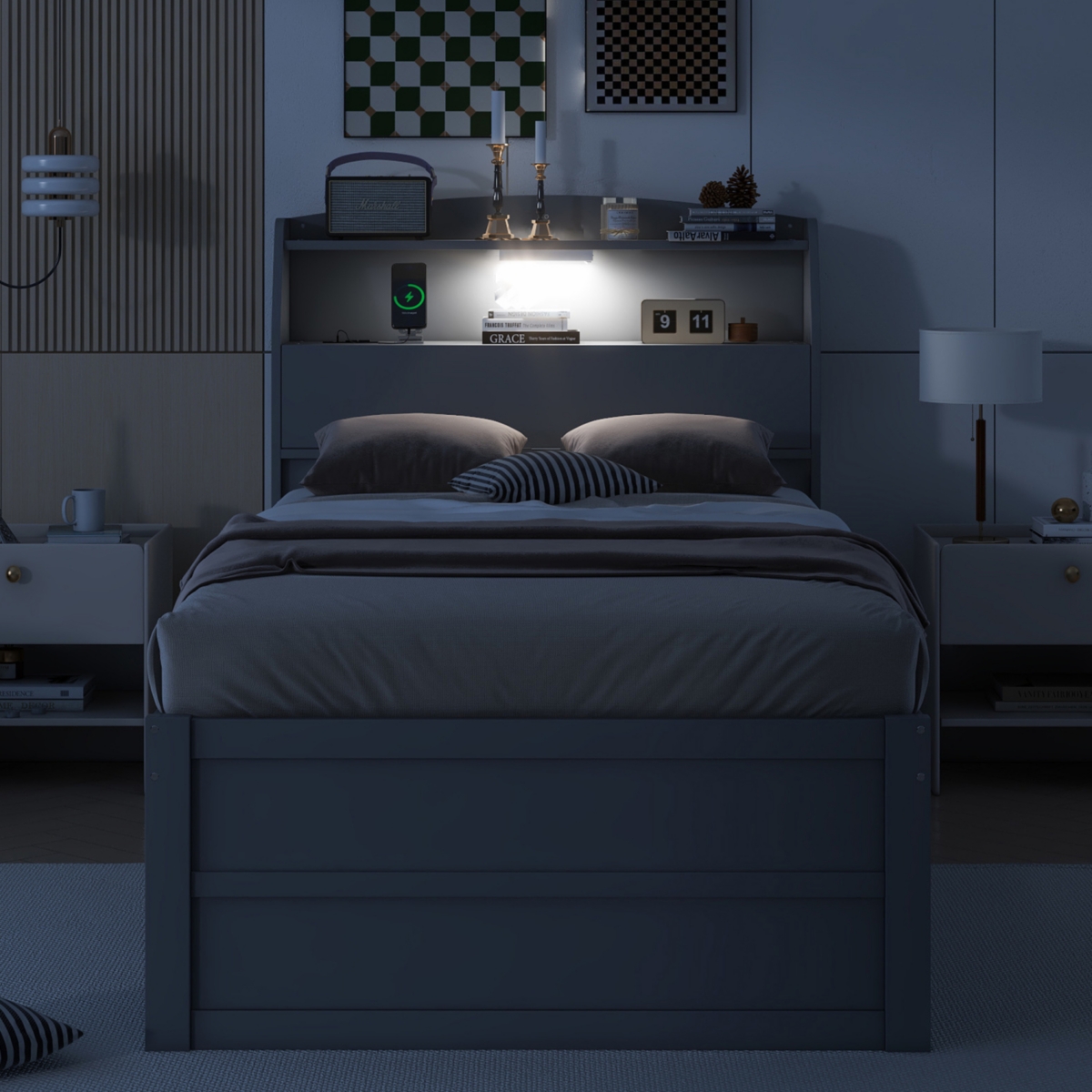 Streamdale Twin Wooden Led Platform Bed with Storage & Trundle