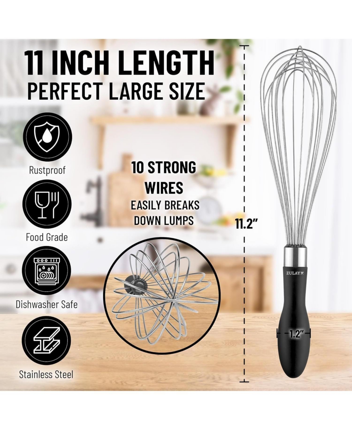 Zulay Kitchen Stainless Steel 11-inch Balloon Whisk Kitchen Tool with Soft Silicone Handle