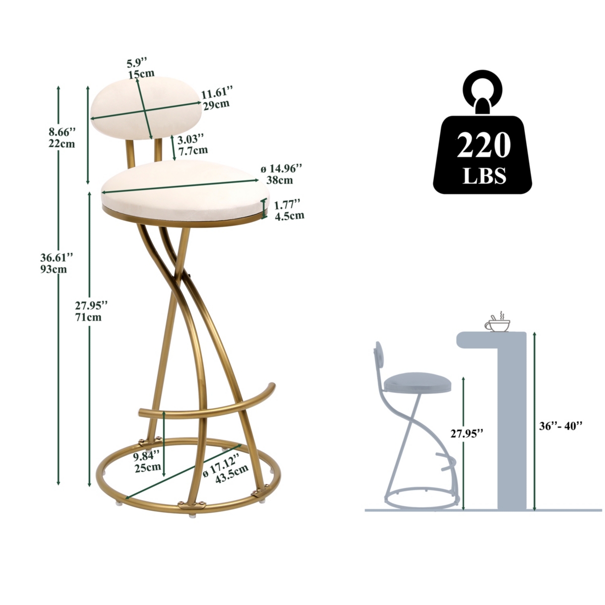 Streamdale Furniture Stylish and Comfortable Velvet Barstools with Anti-Slip Pads and Metal Frame - Gold+creamy white
