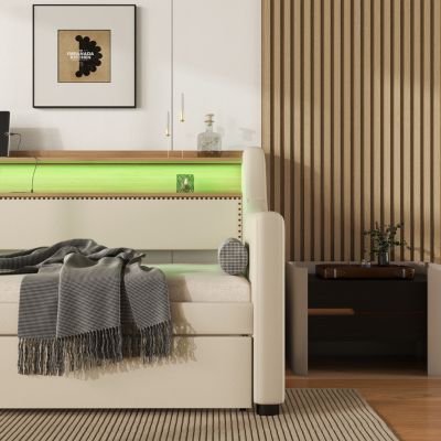Twin Daybed with Trundle, Charging Station, and LED Lights