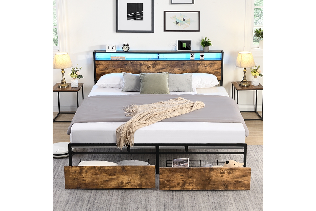Streamdale Furniture Bed Frame, Storage Headboard with Charging Station, Solid and Stable, Noise Free, No Box Spring Needed, Easy Assembly - Anti