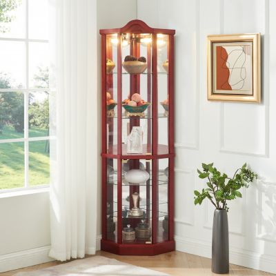 Carved Crown, Elegant Glass Cabinet in Cherry or Oak