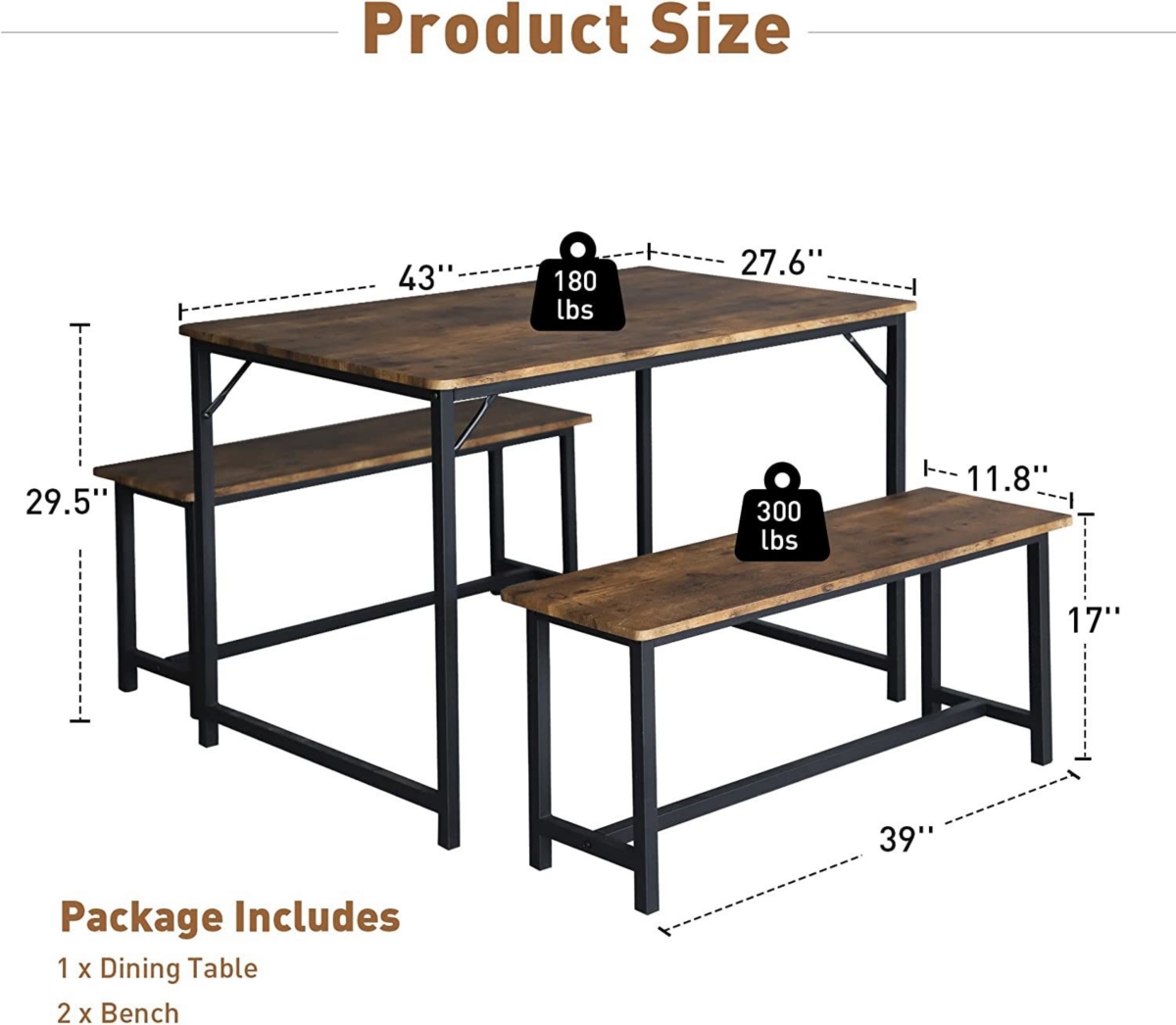 Streamdale Furniture Industrial 3-Piece Dining Table Set with Foldable Benches for Small Spaces
