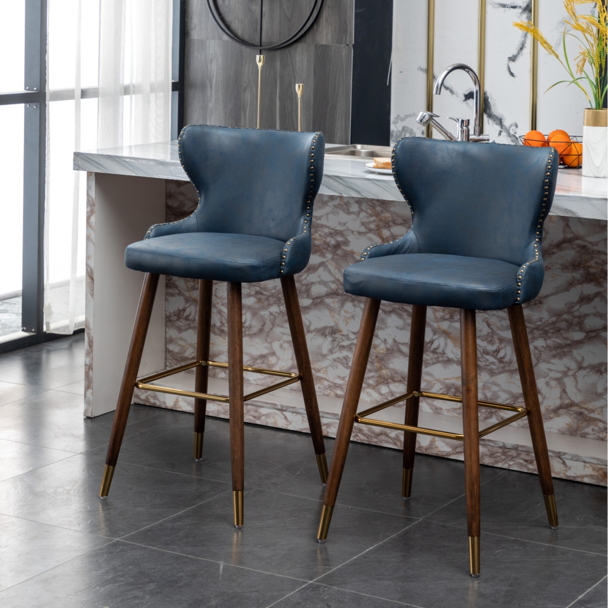 Streamdale Furniture Mid-century Modern Faux Leather Tufted Nailhead Trim Barstool Set of 2,- Blue