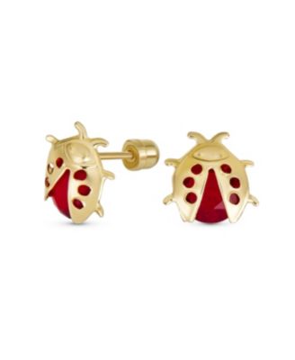 Small Delicate Fashion Ladybird Lucky Summer Garden Insect CZ Red Ladybug Stud Earrings  Yellow 14K Gold Fine Jewelry