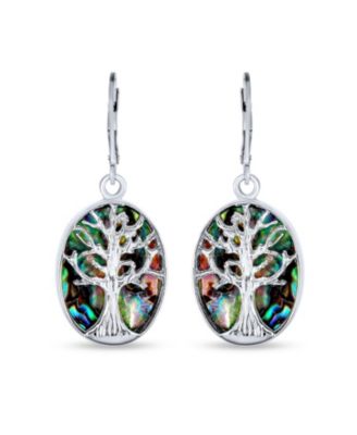 Oval Blue Lapis Lazuli Turquoise Abalone Shell Lever Back Mother Of Pearl Family Tree Of Life Dangle Earrings Sterling Silver