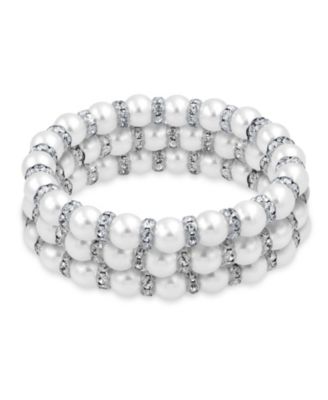 Set Of 3 White Simulated Pearl Stackable Strand Stretch Bracelet For Women White Crystal Rondelle Spacer Silver Plated Brass