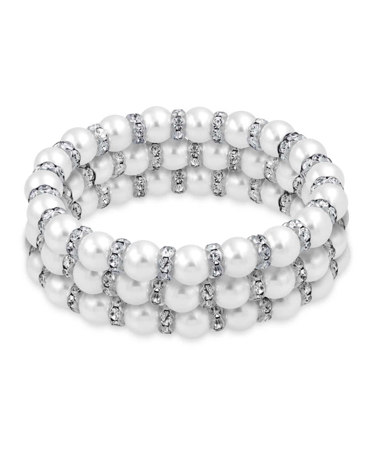 Set of 3 White Simulated Pearl Stackable Strand Stretch Bracelet For Women White Crystal Rondelle Spacer Silver Plated Brass - White set