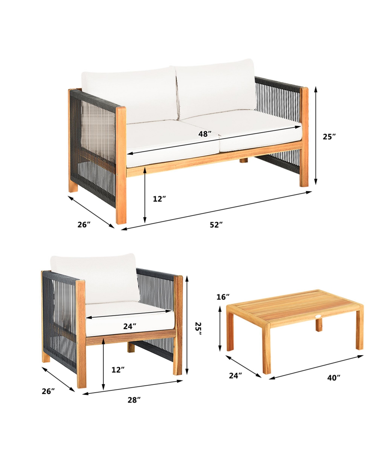 Gymax 8PCS Acacia Wood Outdoor Patio Furniture Conversation Set W/ White Cushions - White+natural