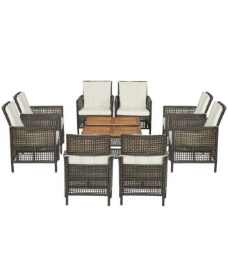 10PCS Patio Rattan Furniture Set Cushioned Sofa Armrest Wooden Tabletop