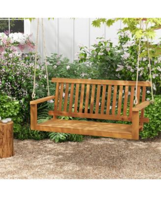 2-Seat Acacia Wood Porch Swing Bench with 2 Hanging Hemp Ropes