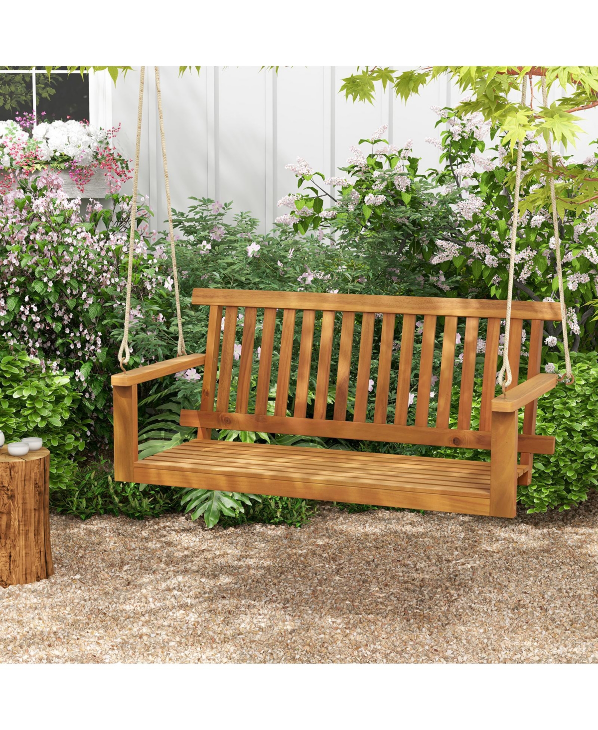 Slickblue 2-Seat Acacia Wood Porch Swing Bench with 2 Hanging Hemp Ropes