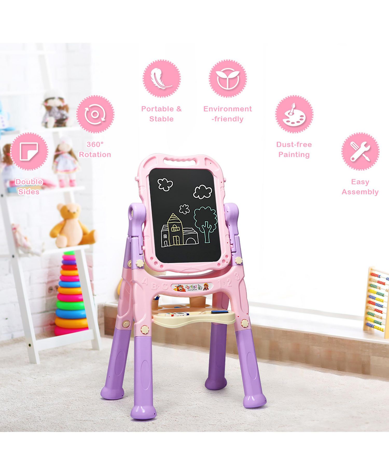 Height Adjustable Double-Sided Magnetic Kids Art Easel