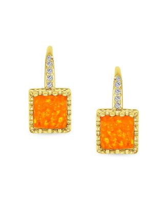 Art Deco Style Antique Filigree Royal Crown Setting Square Solitaire Fire Orange Created Opal Drop Earrings Gold Plated Silver