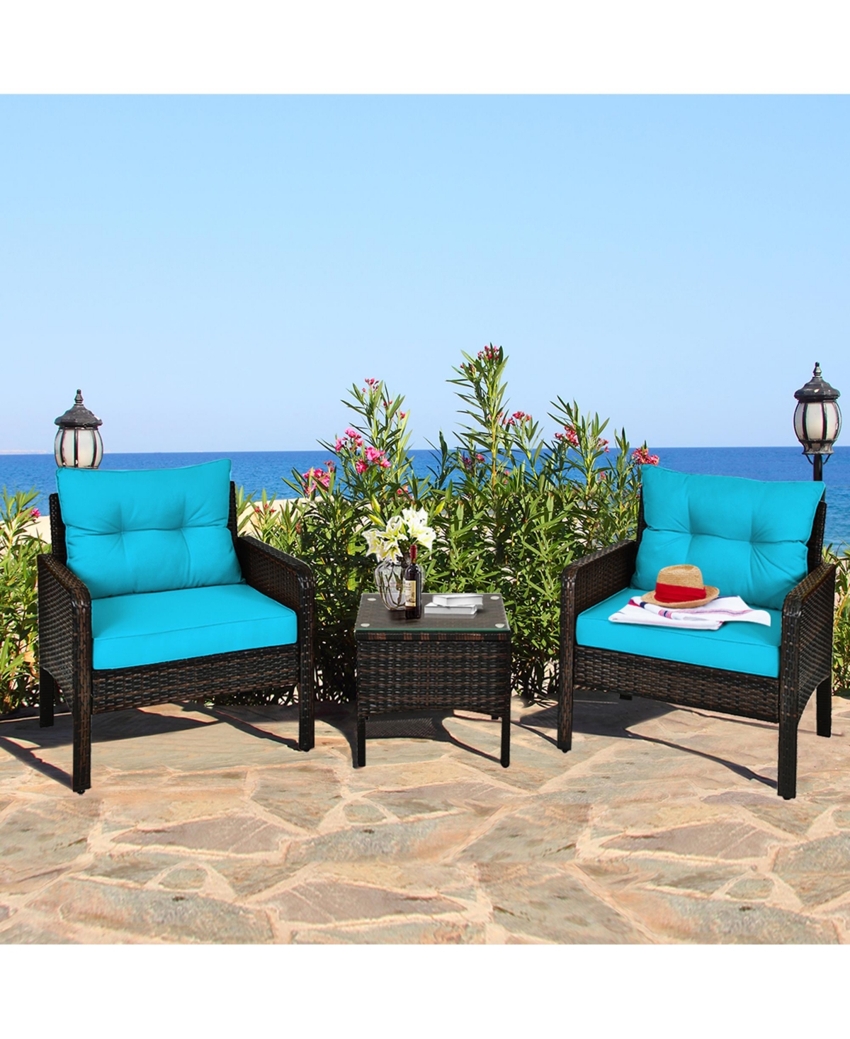 Gymax 3PCS Patio Outdoor Rattan Furniture Set w/ Coffee TableCushion - Turquoise/aqua+mix brown