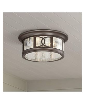 Fixture Mission Oil Rubbed Bronze Drum 12" Seedy Glass Damp Rated for Porch Patio Modern Flush Mount Outdoor Ceiling Light