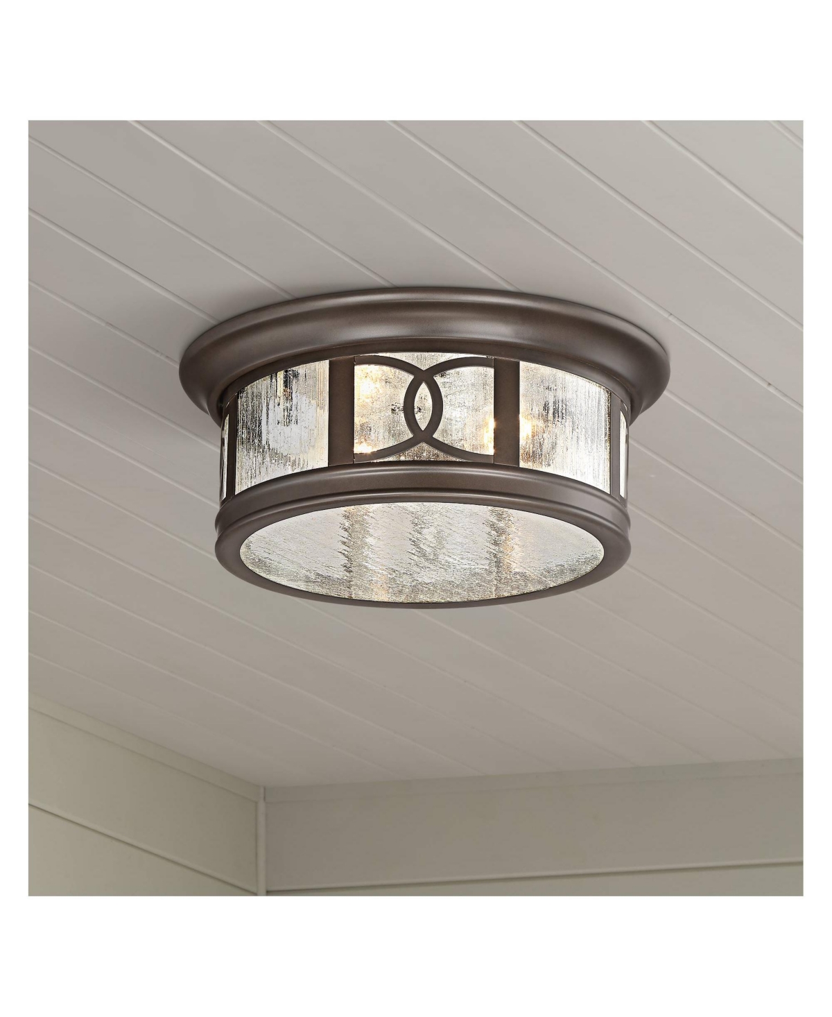 John Timberland Capistrano Mission Flush-Mount Outdoor Ceiling Light Fixture Oil Rubbed Bronze Drum 12" Seedy Glass Damp Rated Decor for Exterior Hous