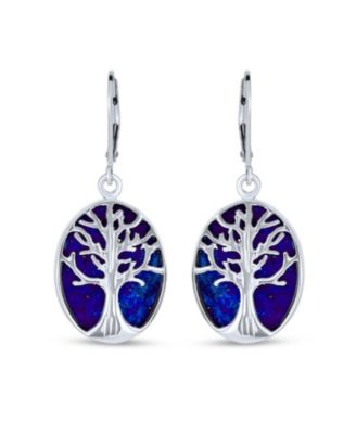 Large Oval Natural Stone Shell Lever Back Mother Of Pearl Family Tree Of Life Dangle Earrings .925 Sterling Silver
