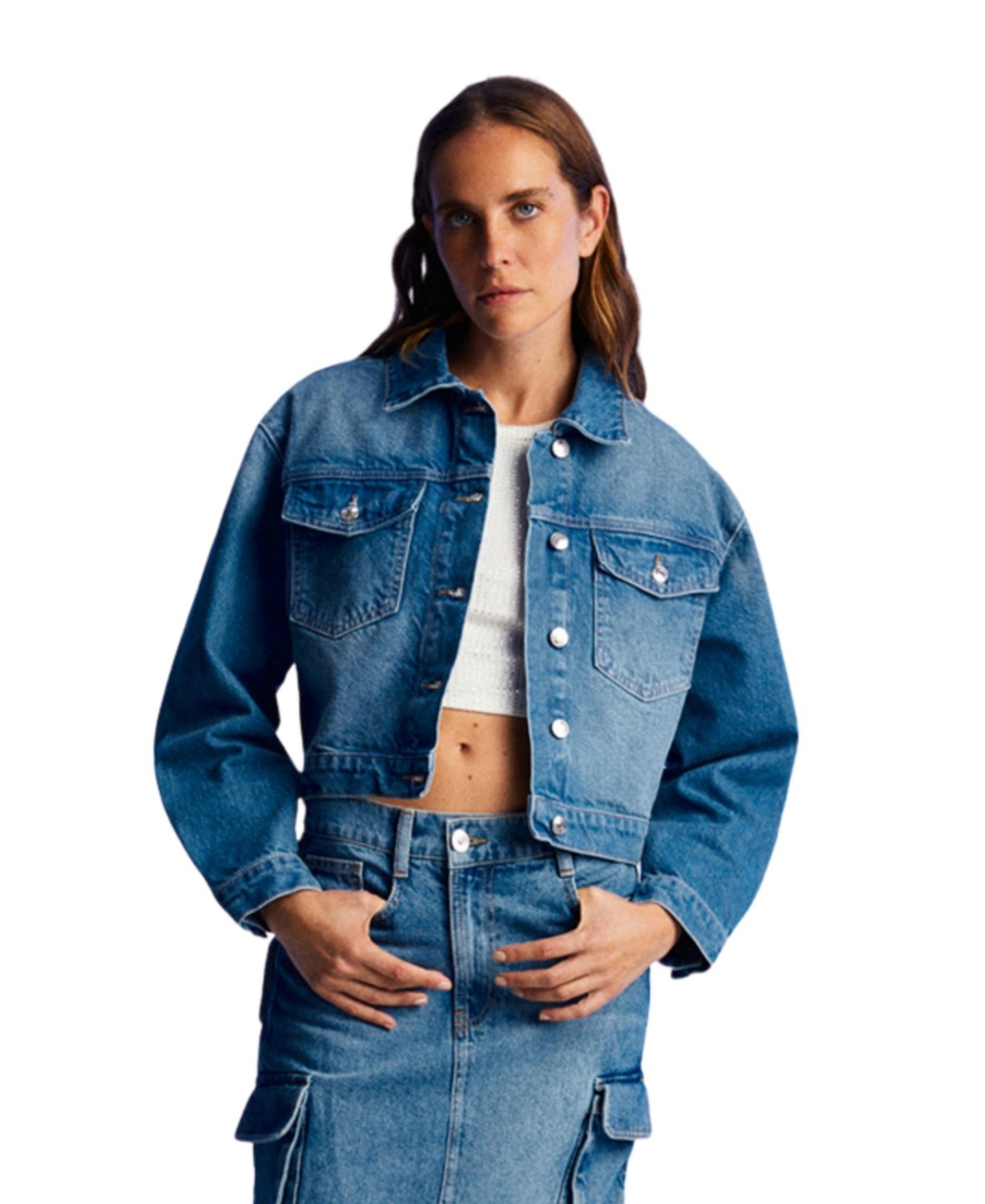 Women's Denim Jacket with Stone Embroidery - Blue