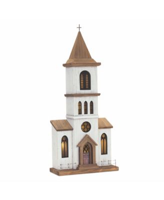 Lighted Natural Wooden Church Display with Rustic Metal Accents, 25.25"H